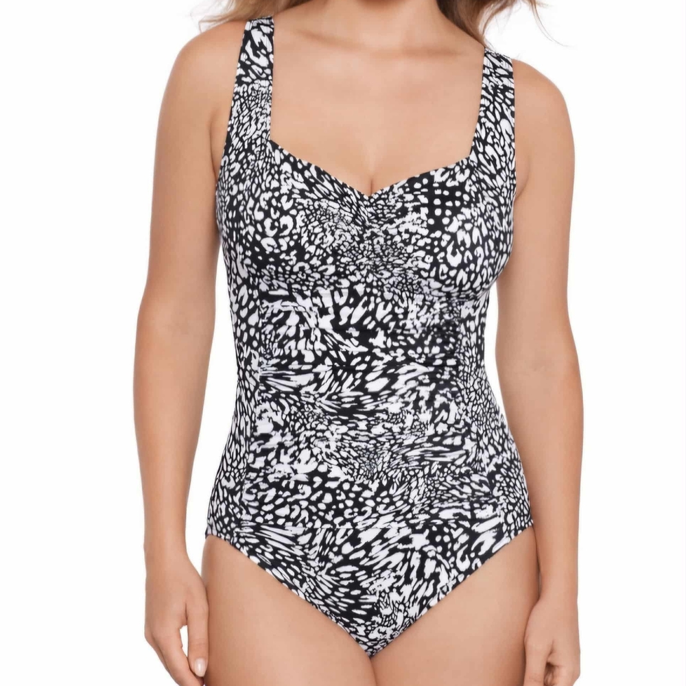 Swim Solutions Women's Printed Ruched-Front One Piece Swimsuit, Leopard Swirl,18